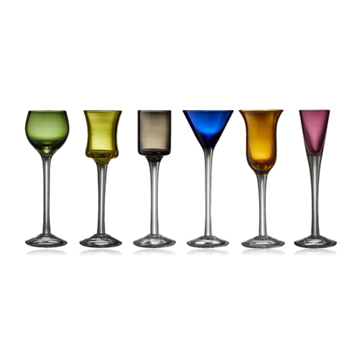 Lyngby Glas set of six multicoloured mouth-blown shot glasses in purple, blue, smoke, amber, green and yellow, Danish glassware